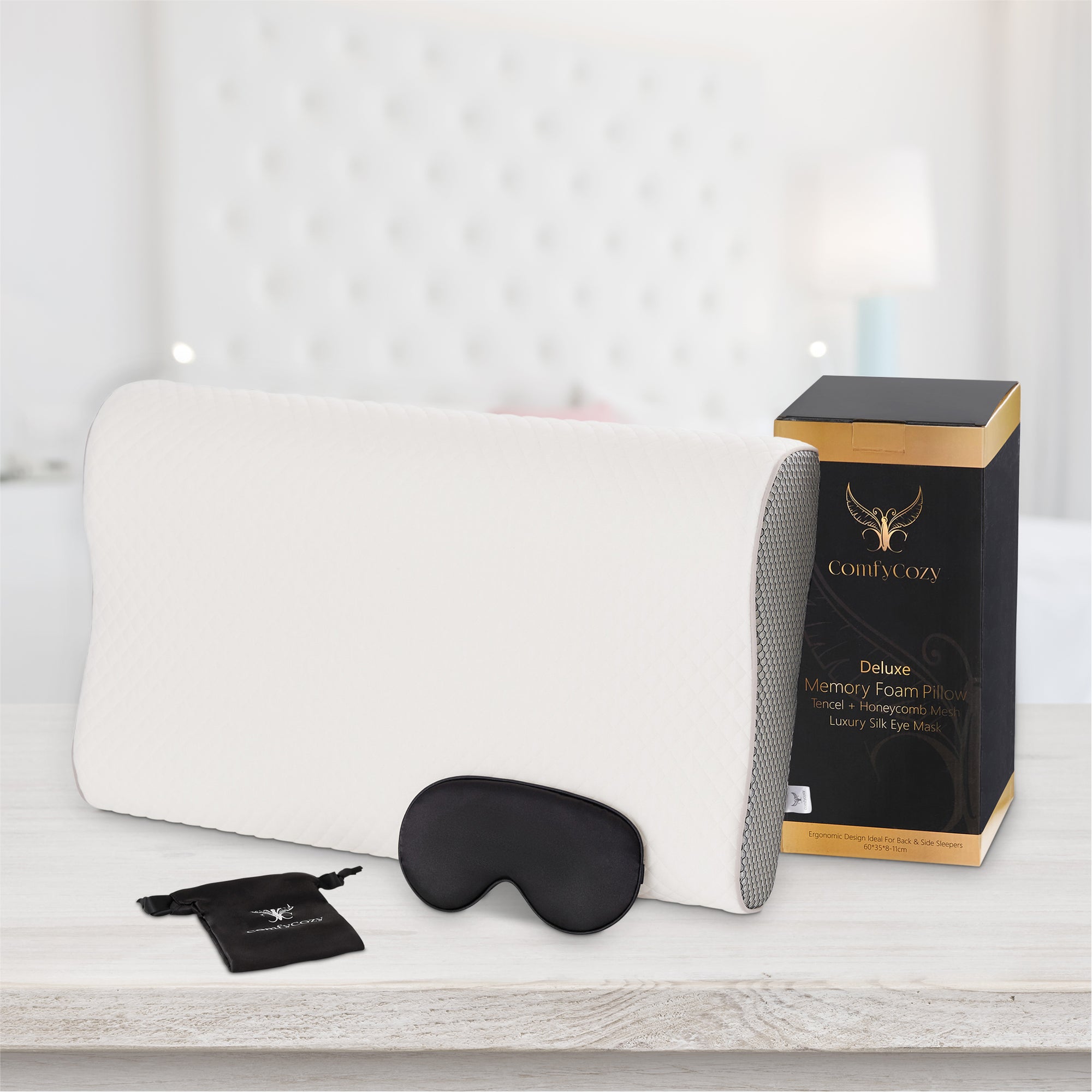 ComfyCozy Luxury Memory Foam Pillow And Silk Eye Mask